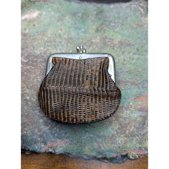 Vintage Leather Coin Purse – Reptile Texture, Patina, Kiss Clasp, No Divider - Picture 3 of 4